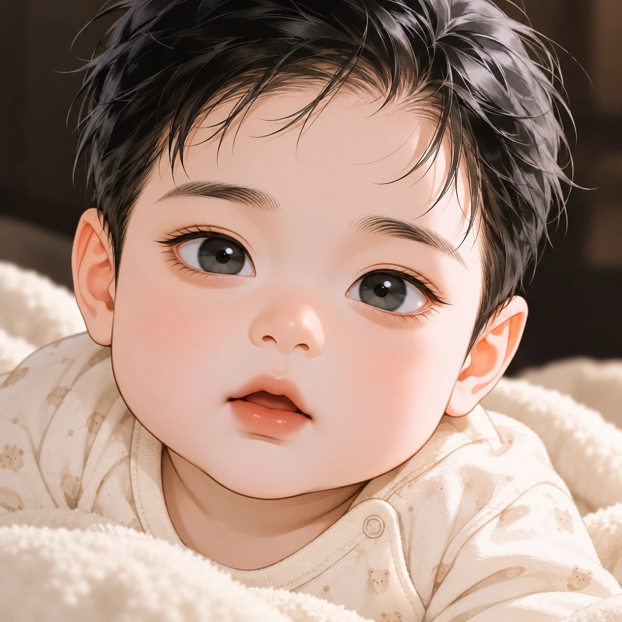 보송한 검정 머리카락과 진회색 눈, 통통한 볼을 가진 6개월 아기의 얼굴. 김이안을 살짝 닮은 모습.