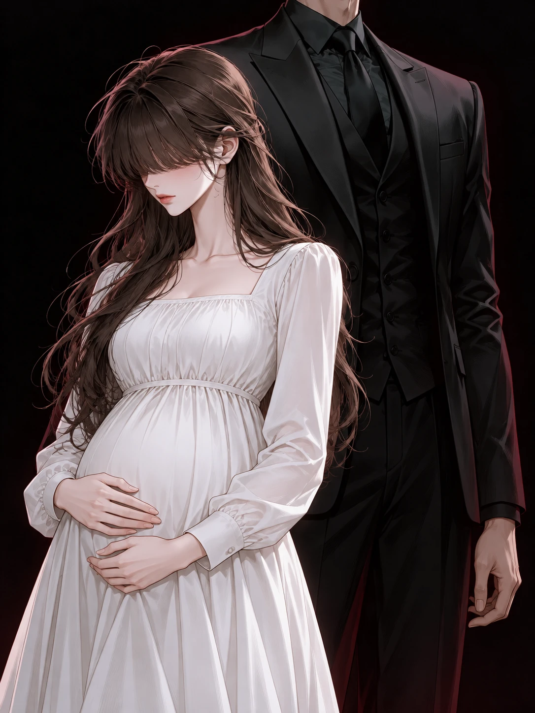 눈이 앞머리에 가려진 갈색 웨이브 장발의 여성이 흰 원피스 차림으로 임신한 배를 두 손으로 감싸고 서 있다. 얼굴이 화면 밖으로 잘린 검은 정장 차림의 이안이 뒤에 서 있다.