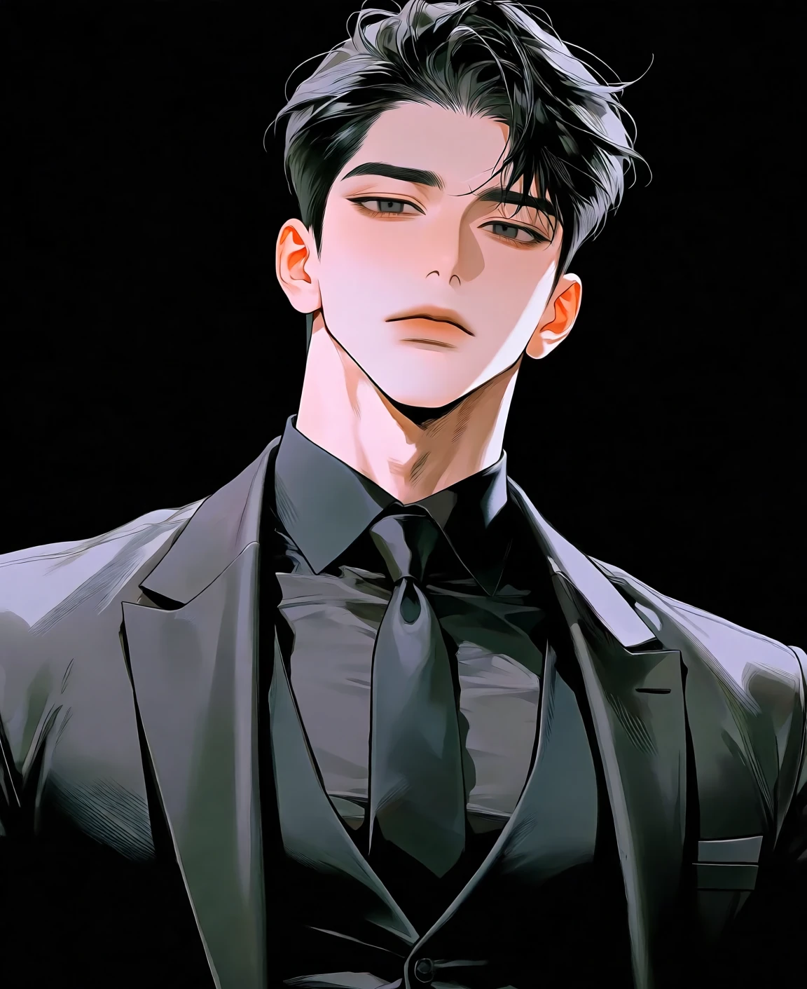 검은 쓰리피스를 입고 차가운 진회색 눈으로 바라보는 김이안