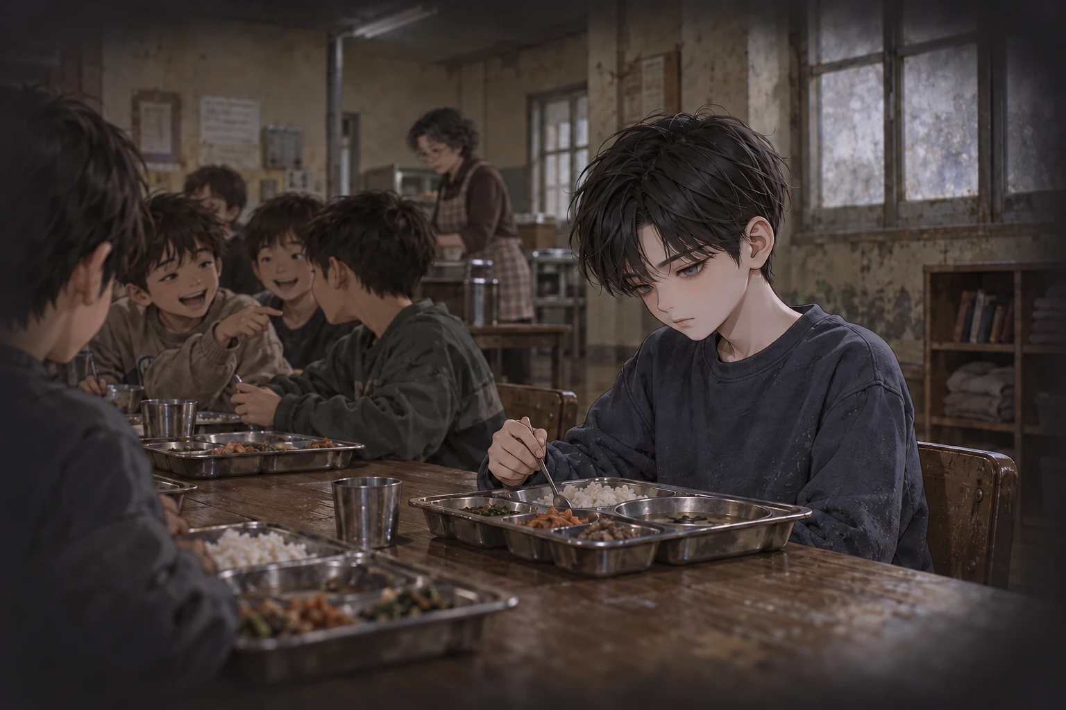 보육원 식탁에서 조용히 밥을 먹는 이안