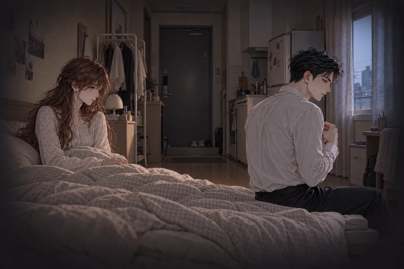 그녀의 작은 원룸에서 셔츠 단추를 채우며 떠날 준비를 하는 이안