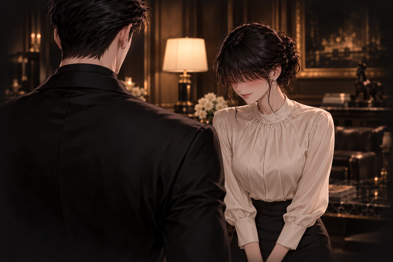 이안의 뒷모습 앞에서 눈을 덮은 앞머리 아래로 수줍게 감사 인사를 건네는 서한그룹 장녀