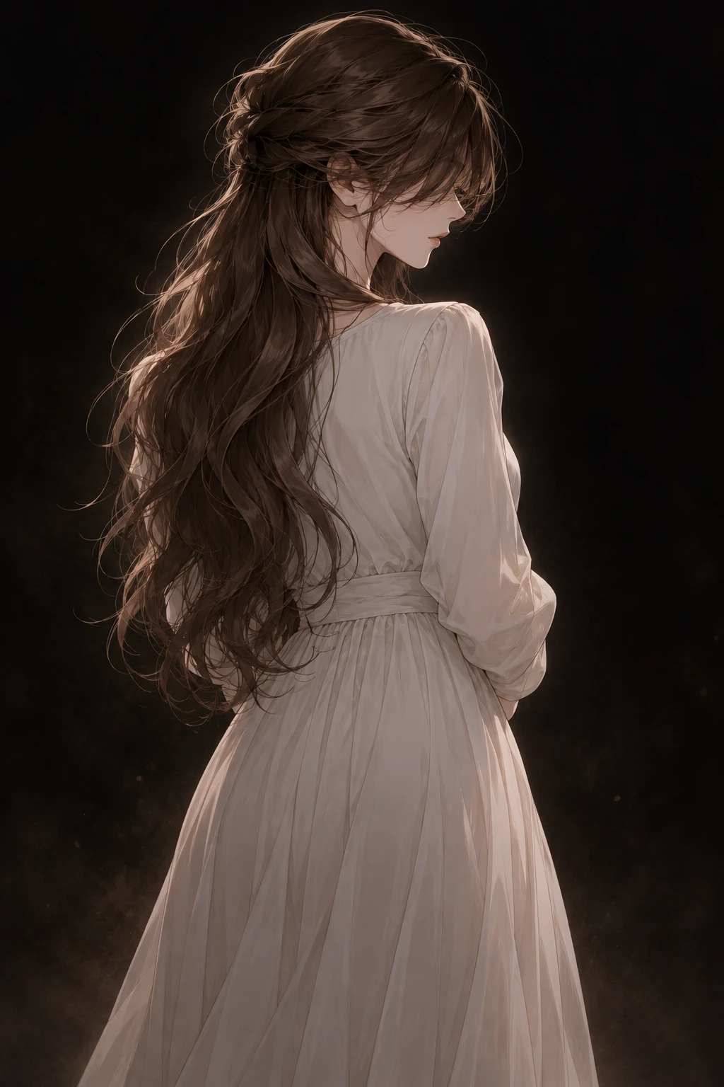 갈색 웨이브 장발과 흰 원피스를 입고 뒤돌아선 여성. 살짝 돌린 옆얼굴의 눈은 앞머리에 가려져 있다.